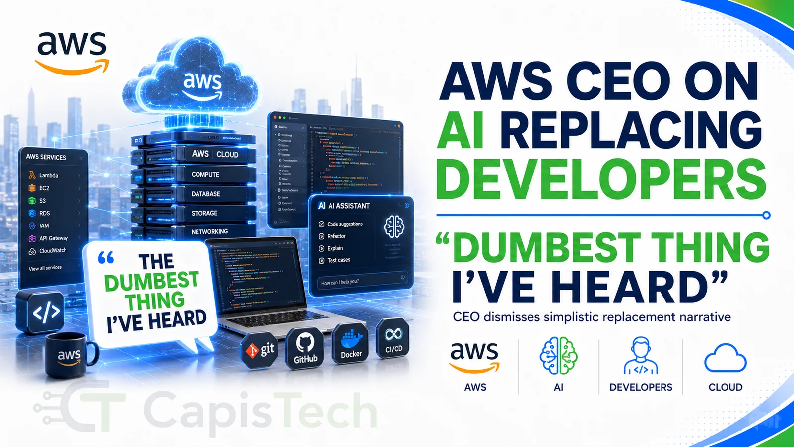 Editorial illustration for AWS CEO AI Developer Replacement Comments: “The Dumbest Thing I’ve Heard”