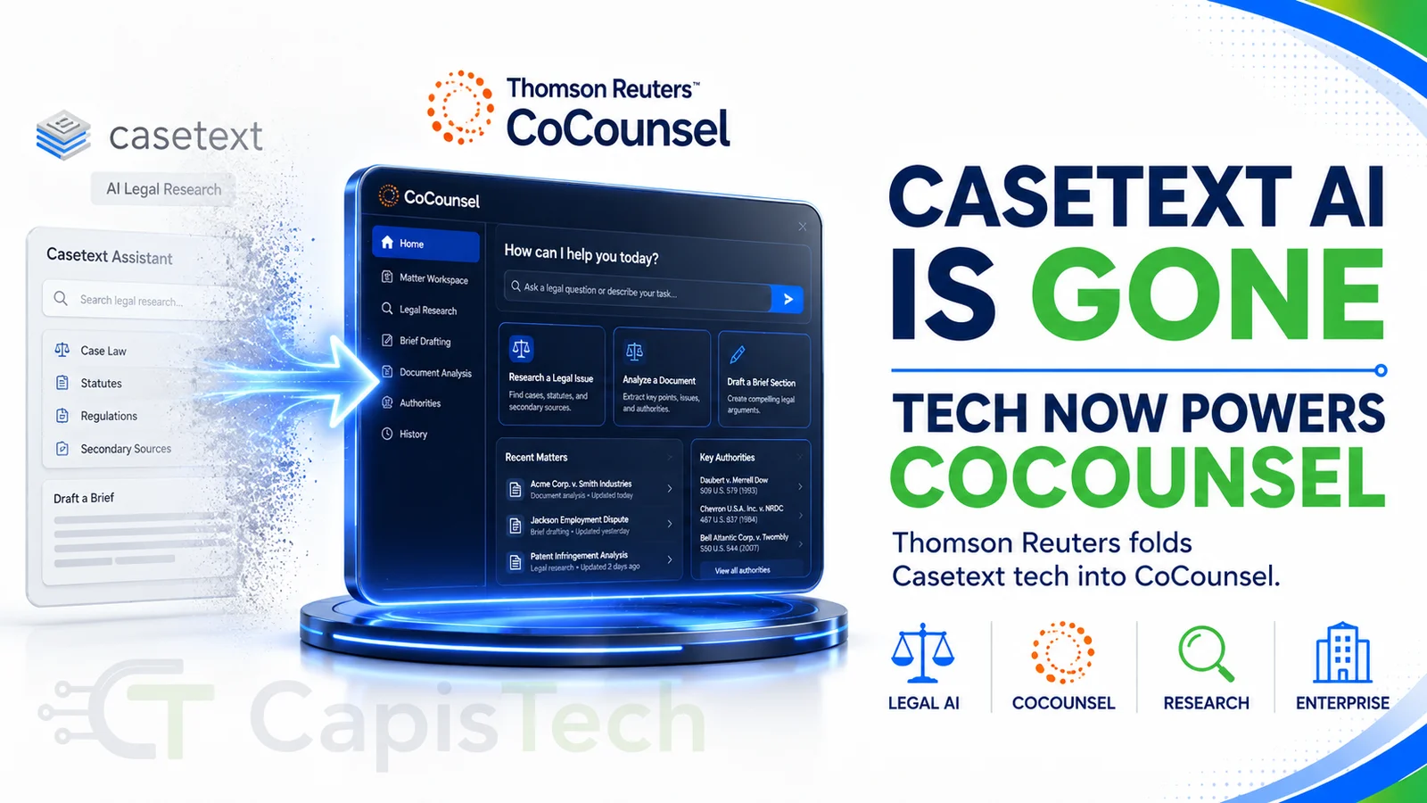 Editorial illustration for Casetext AI Is Gone: How Its Technology Now Powers Thomson Reuters' CoCounsel