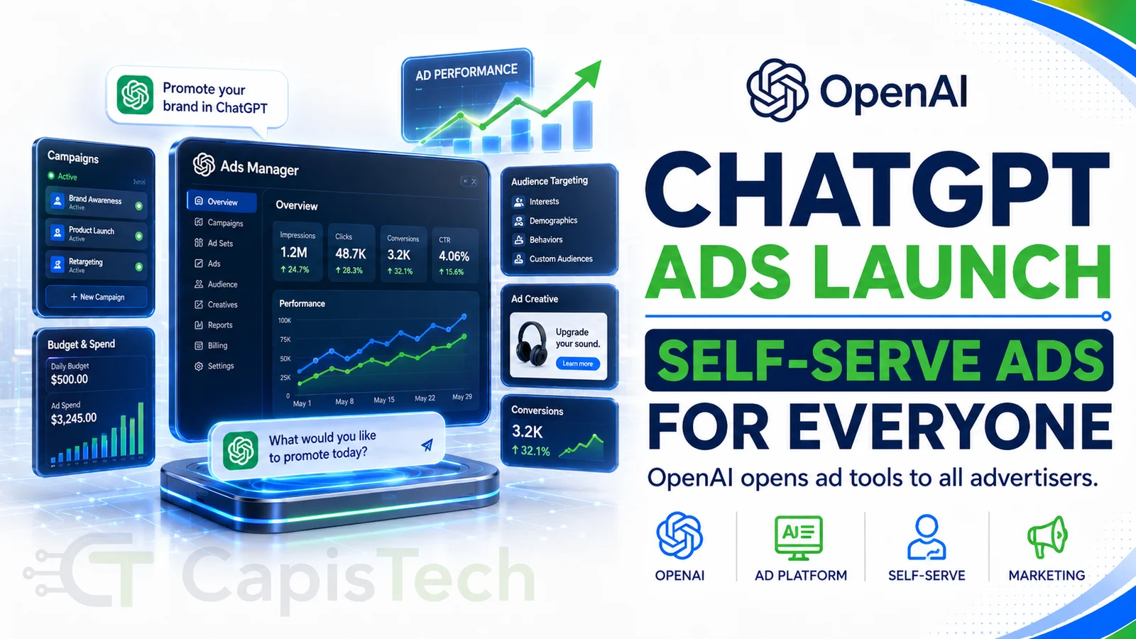 Editorial illustration for ChatGPT Ads Launch: OpenAI Opens Self-Serve Advertising to Everyone