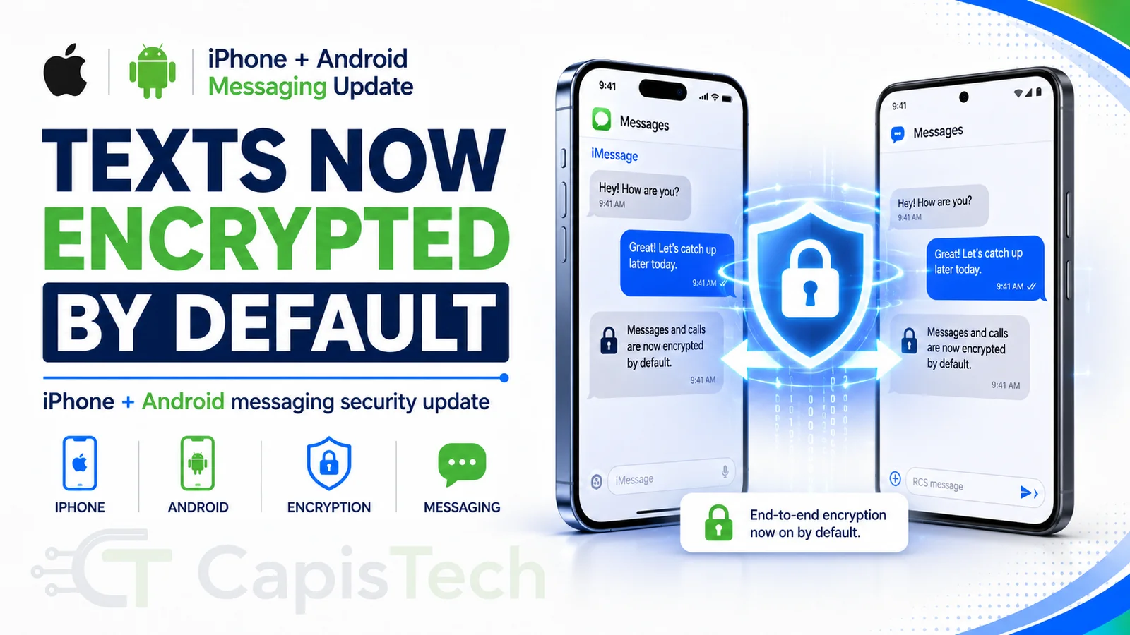 Editorial illustration for iPhone Android Messaging Update Security: Texts Are Now Encrypted by Default